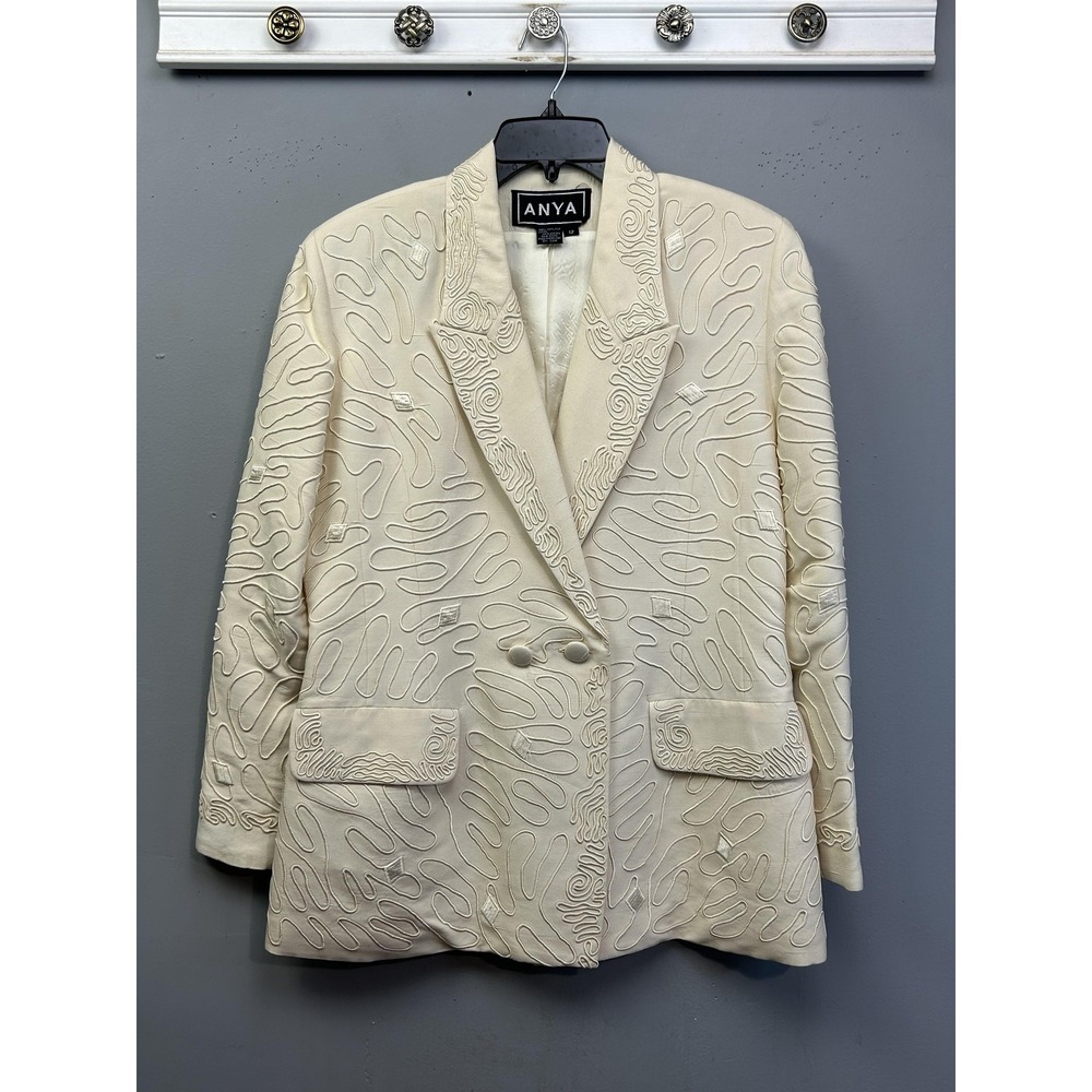 ANYA Blazer Womens 12 White Silk Satin Lined Embroidered‎ Button Pockets